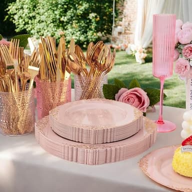 Joyido 125PCS Pink and Gold Plastic Plates - Pink Disposable Plates - Vintage Plate with Gold Plastic Silverware Set for 25 Guests for Weddings Parties - Image 9