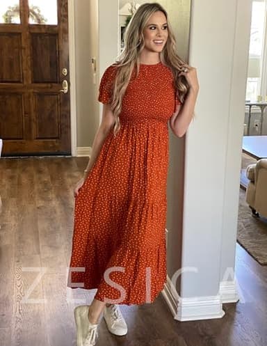 ZESICA Women's 2025 Summer Casual Floral Print Short Flutter Sleeve Crew Neck Smocked High Waist Flowy Maxi Dress,Caramel,Large - Image 5