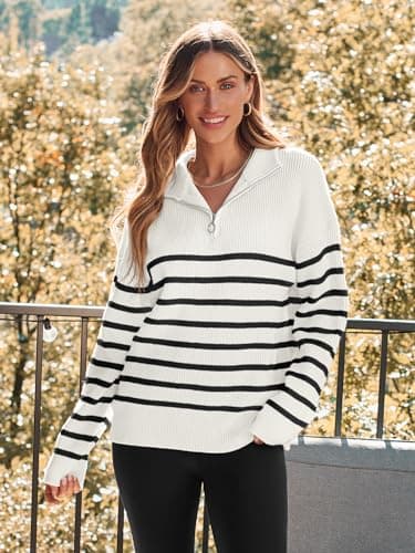 LILLUSORY Women's Quarter Zip Striped Oversized Sweater 2025 Mock Turtleneck Fall Fashion Outfit White-Black XL - Image 3