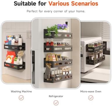 Sevenblue 4 Pack Strong Magnetic Spice Rack for Refrigerator, Multipurpose Magnetic Shelf for Fridge with 4 Hooks for kitchen and Bathroom Organization, Black - Image 8