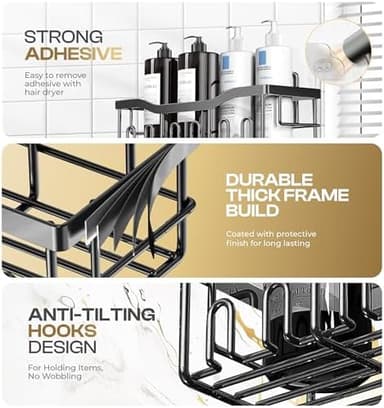 Luxury Style 5 Pack Stainless Steel Adhesive Shower Caddy Set - Rustproof Bathroom Organizer with Large Capacity Storage| No Drilling Shelves Shower Caddy Organizer | Bathroom Decor (Elegant Black - Image 4