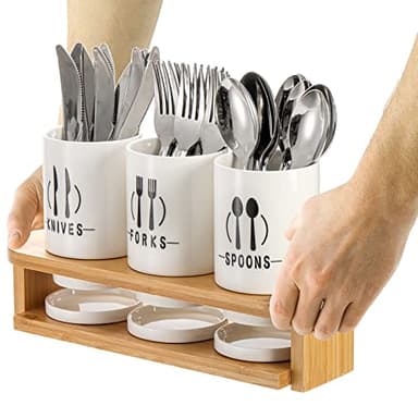 Fasmov Flatware Holder, 3 Pack Silverware Caddy with Bamboo Rack, Utensil Holder Ceramic Flatware Caddy White Ceramic Cutlery Organizer for Forks, Spoons, Knives - Image 5