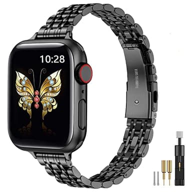 MioHHR Slim Metal Band Compatible with Apple Watch Band 42mm(Series 11 10) 41mm(Series 9 8 7) 40mm(Series 6 5 4 SE3/2/1) 38mm(Series 3 2 1),Stainless Steel iWatch Bands for Women,Black - Image 1