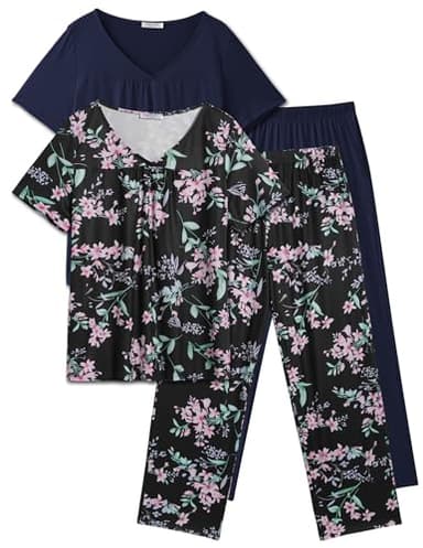 Ekouaer Womens Cotton Pajamas 2 Pack Short Sleeve with Long Pant Pjs Sleepwear Black Navy Blue Medium - Image 7