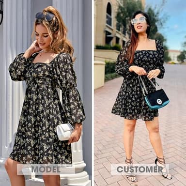 EXLURA Womens Square Neck Dress Long Puff Sleeve A-Line Casual Short Mini Dress Black Floral - Image 2