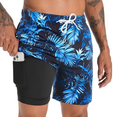 zeetoo Mens Swim Trunks with Compression Liner 5.5" Inseam Shorts Bathing Suit Quick Dry Swimsuit Leaf-darkblue 2XL - Image 3