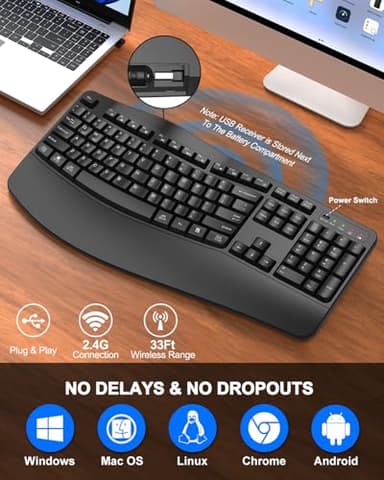 QUASIO Ergonomic Wireless Keyboard with Wrist Rest, Wave Keys, Comfortable Natural Typing, 2.4GHz Full Size Ergo Wireless Computer Keyboard for Multi-OS, Windows, Mac OS Laptop/PC/Notebook (Black - Image 4