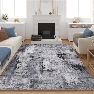 Rugcomf 8x10 Rug Washable Boho Rug Soft Large Area Rug Non-Slip Non-Shedding Faux Wool Vintage Rug for Living Room, Farmhouse, Dining Room, Indoor, Kids Playroom, Grey and Black - Image 1