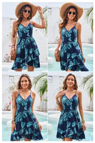 ULTRANICE Womens Summer Dresses 2025 Sundresses Casual Spring Trendy Flowy Wrap Midi Beach Wedding Guest Vacation Outfits Clothes V Neck Spaghetti Strap Dress(Blue Blue Green Floral,S) - Image 3