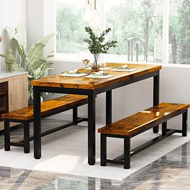 AWQM Dining Room Table Set, Kitchen Set with 2 Benches, Ideal for Home, and Room, Breakfast of 43.3x23.6x28.5 inches, Benches 38.5x11.8x17.5 Industrial Brown (A006-11F2-L) - Image 2