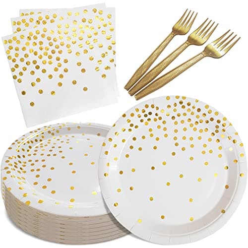 WXLDGHQ White and Gold Paper Plates Napkins Party Supplies,Disposable Gold Dot Paper Dessert Plates,105 PCS Birthday Plates and Napkins Party Supplies for Wedding(Serves 35 Guests 7") - Image 1