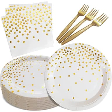 WXLDGHQ White and Gold Paper Plates Napkins Party Supplies,Disposable Gold Dot Paper Dessert Plates,105 PCS Birthday Plates and Napkins Party Supplies for Wedding(Serves 35 Guests 7") - Image 1