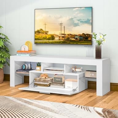 Clikuutory Modern Lighting 51 inch TV Stand with Large Storage Drawer for 32 40 50 55 Inch TVs, TV Console with 20 Color LED Lights, Entertainment Center Media and Open Shelf for Bedroom, White - Image 7
