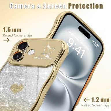 Teageo for iPhone 16 Plus Case for Women Girls Cute Curly Wavy Love Heart Glitter Bling Camera Protection Sparkly Luxury Elegant Shockproof Cover Clear Wave Phone Case for iPhone 16 Plus 6.7", Gold - Image 3