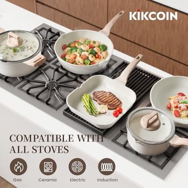 Kikcoin 16Pcs Pots and Pans Set Nonstick Ceramic Cookware Sets Induction Kitchen Cooking Set Non toxic Healthy Non Stick w/Grill Pan,Saute Pan, Ceramic White - Image 7