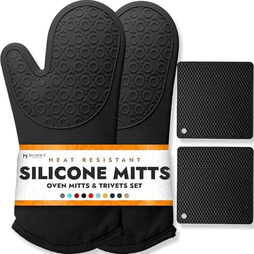 HOMWE Silicone Oven Mitts and Pot Holders, 4-Piece Set, Heavy Duty Cooking Gloves, Kitchen Counter Safe Trivet Mats, Advanced Heat Resistance, Slip-Resistant Textured Grip, Black - Image 1