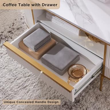 OKD Modern Luxury Fluted Coffee Table, 48" Oval Coffee Table with Drawer, Faux Marble Top, Curved Profile Design, Gold Metal Decor, Center Table for Living Room, Off White - Image 4