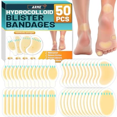 Arme Hydrocolloid Bandages, 50Pcs Gel Blister Bandages for Feet, Waterproof Blister Pads Blister Cushions for Prevention & Recovery, Blister Bandaids for Heel Foot Toe Protection(4 Shape Variety Pack) - Image 1