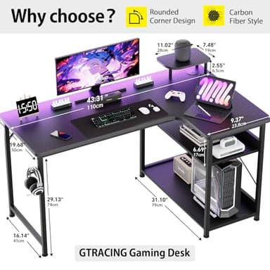COMHOMA Gaming Desk L Shaped Desk Carbon Fiber Style Computer Desk Compatible with Monitor Arm Storage Shelves Corner Gaming Desk for Home Office Desks Easy to Assemble Adjustable Shelf Height(43.31") - Image 5