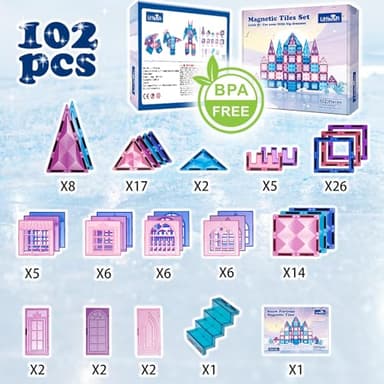 Little Pi 102pcs Frozen Princess Castle Magnetic Tiles Building Blocks - 3D Diamond Blocks, STEM Educational Toddler Toys for Pretend Play, 4 Year Old Girl Birthday Gifts Kids Ages 3 5 6 7 8 - Blue - Image 6