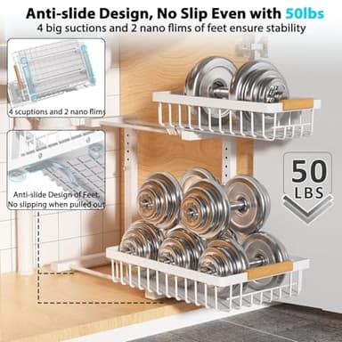 Liuoud Under Sink Organizer 2 pack, 2 Tier Slide Out Under Sink Organizers And Storage, Height Adjustable Pull Out Cabinet Drawers, Kithcen Bathroom Metal Storage Caddy Shelf, White - Image 4