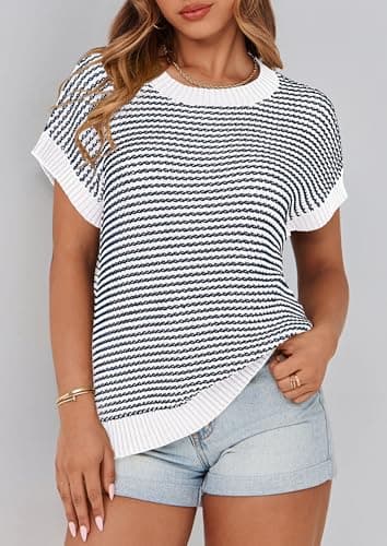 PRETTYGARDEN Womens Short Sleeve Sweater Spring Summer 2025 Round Neck Striped Pullover Cap Sleeve Knit Sweater Vest Tops(Striped White Navy,Small) - Image 4