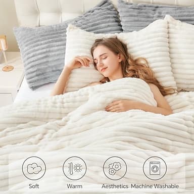 BEDELITE Fleece Full Comforter Set -Super Soft & Warm Fluffy Cream White Bedding, Luxury Fuzzy Heavy Bed Set for Winter with 2 Pillow Cases - Image 5