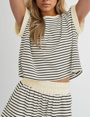 MISSACTIVER 2 Piece Lounge Set Women Stripe Knit Short Sleeve Tee Shirts Shorts Casual Summer Loungewear Shorts Sets - Image 4