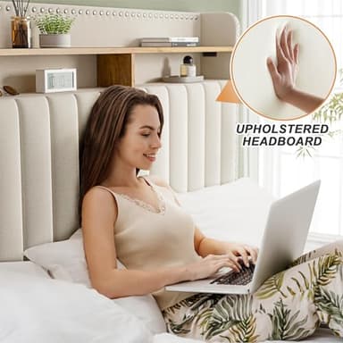 EnHomee King Size Bed Frame with 2-Tier Storage Headboard, Upholstered Platform Bed Frame with 2 Storage Drawers, Sturdy Wooden Slats Support, Noise-Free, No Box Spring Needed, Beige - Image 7