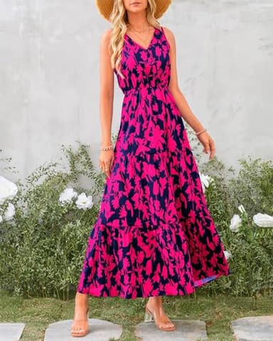 BTFBM Women Summer Dresses Casual Sleeveless Maxi Dresses Cute Floral Long Dress Wedding Guest Dress(Navy Rose Red Flower,Large) - Image 6