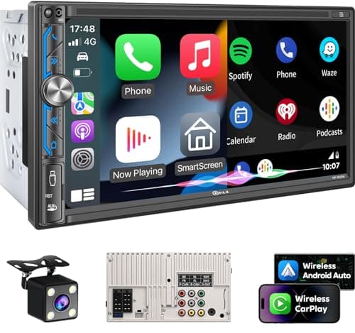 PLZ 7" Wireless Double Din Car Stereo Apple Carplay Radio Screen for Car Audio Receivers, Bluetooth 5.3 Car Play Android Auto Touchscreen, 240W 4.2 CHN 2 Subwoofers Outputs, Backup Camera, SWC, FM/AM - Image 1