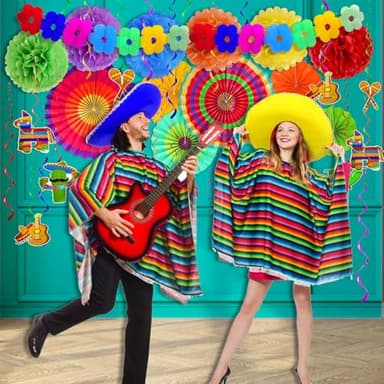 [ 7 Varieties ] 39 Pcs Cinco De Mayo Decorations, Fiesta Mexican Theme Party Supplies Paper Fans Pom Poms Banner Hanging Swirls Table Cover Honeycomb Table Centerpiece Taco Luau Decor - Image 6