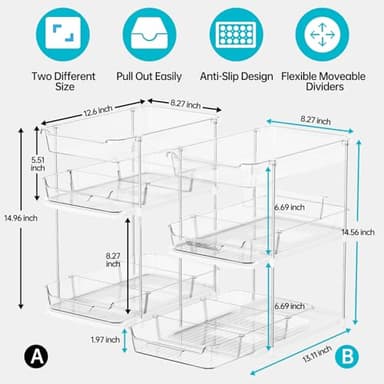Delamu 2 Sets of 3-Tier Bathroom Under Sink Organizers and Storage, Multi-Purpose Stackable Pantry Organization and Storage, Pull Out Clear Kitchen Bathroom Cabinet Organizer with Movable Dividers - Image 2