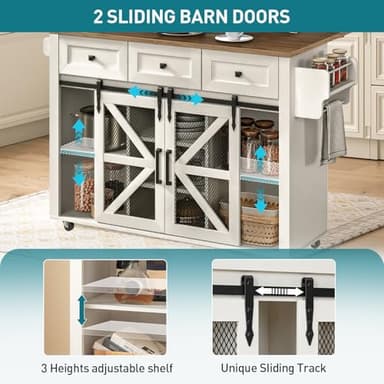 RALGEND Kitchen Island with Storage, 55" Kitchen Cart with Charging Station, Rolling Kitchen Island Table with Drop-Leaf, 3 Drawers, Barn Doors, Towel Rack and Spice Rack, White and Walnut - Image 4