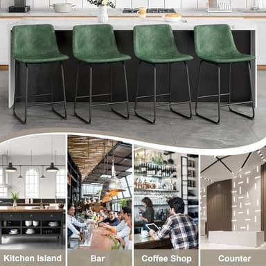 REONEY Bar Stools Set of 2, 26inch PU Leather Counter Height Bar Stools, Modern Barstools with Metal Legs and Footrest, Urban Armless Dining Chairs with Backrest for Kitchen Island (Green) - Image 5
