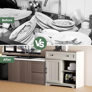 Algglobuy Buffet Cabinet, Coffee Bar Cabinet with a Drawer, Modern Kitchen Storage Cabinet with Adjustable Shelf, Sideboard Storage with Sliding Door, Gray - Image 5