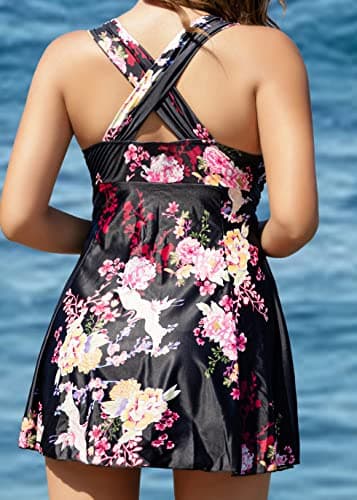 COCOPEAR Women's Elegant Crossover One Piece Swimdress Floral Skirted Swimsuit Floral 37 2XL/14-16 - Image 4