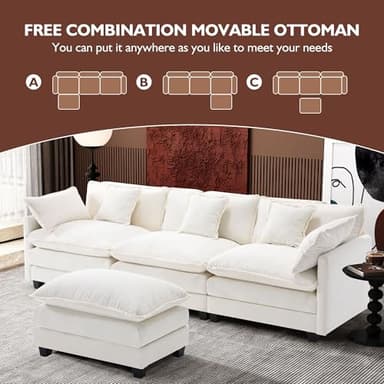 Ihanherry 111.4" L Shaped Modern Sofa Modular Sectional Cloud Couch with Ottoman, 4-Seat Chenille Deep Seat Sofa with Pillow for Living Room, Bedroom and Apartment, Beige - Image 5