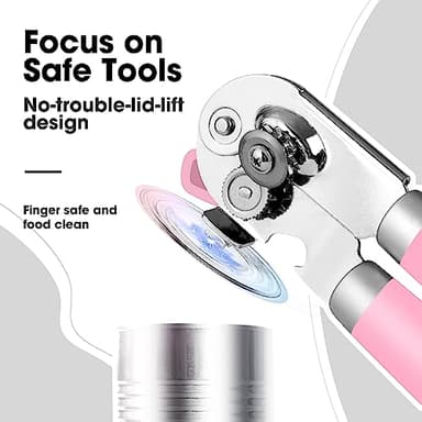 Beneno Heavy Duty Hand Can Opener Manual with Magnet, Durable Sharp Carbon Steel Blade Smooth Cutting, Big Effort-Saving Knob & Soft Grip Handle, Multifunctional Kitchen Tool with Bottle Opener, Pink - Image 4