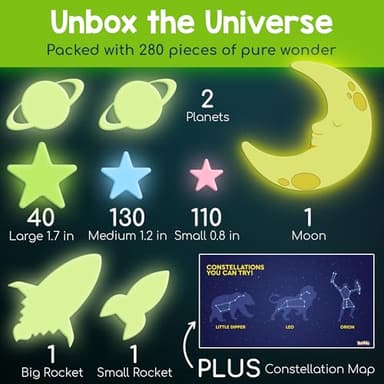 BUNMO 280pcs Glow in The Dark Stars for Ceiling - Safe Glow in Dark Stickers for Walls & Ceilings - Longlasting Glow in Dark Stars for Ceiling - Glow in The Dark Ceilings Stars - Strong Glow - Image 7