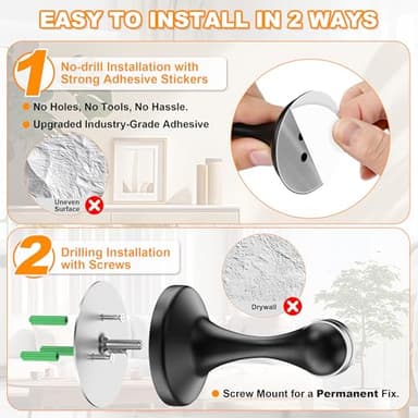 Crosize Magnetic Door Stoppers 2 Pack, Stainless Steel Door Stops, Wall-Mounted and Floor Mounting Metal Doorstops, Door Holder Keep Door Open, No Drilling Door Stop with Adhesive Tapes, Black - Image 3