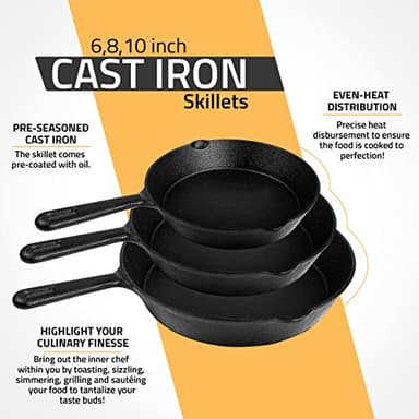Utopia Kitchen Cast iron Skillets 3 Piece Set, Chefs Pan, Pre Seasoned Cast iron Skillets, 6, 8 & 10 Inches, Easy Use in the Oven, Stove, Grill, or Campfire, Black - Image 4
