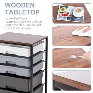 SYKIARIOL Utility Cart with 5 Drawers,Storage Drawer Cart with Wooden Tabletop and Lockable Wheels,Craft Storage Trolley Cart,5-Tier Rolling Utility Cart on Wheels,Dark Grey - Image 6