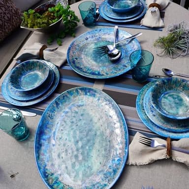 Radiance Teal 2pc Melamine Platter Set – 14" Round & 18"x13.5" Oval Serving Trays – Reactive Glaze Style Artisan Serveware for Entertaining, Holidays, Dinner Parties, or Gifts - Image 5