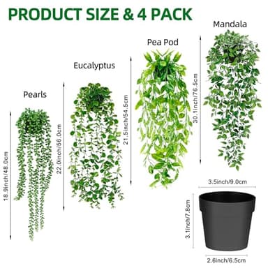 Artificial Hanging Plants for Shelf, 4 Pack Fake Potted Greenery Faux Eucalyptus Vine, Mandala Vine, String of Pearls,Pea pod Leaves in Pot for Office Living Room Bathroom Indoor Outdoor Décor - Image 2