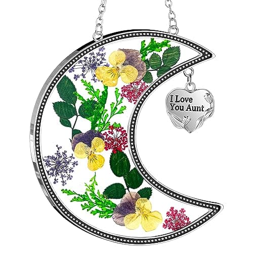 KY&BOSAM Moon Suncatchers Aunt Gifts for Mom Family Friends Stained Glass for Windows Wind Chimes Real Flower Colorful and Metal I Love You Aunt Heart Chain Outdoor for Garden Indoor Home Trees Decor - Image 1