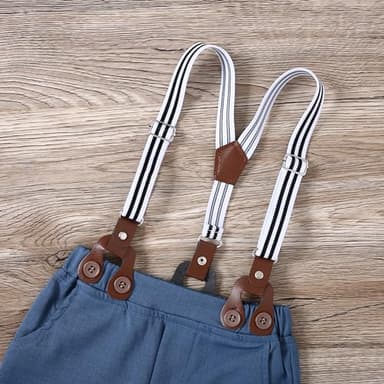YALLET Toddler Baby Boy Clothes Suit Gentleman Wedding Outfits, Formal Dress Shirt+Bowtie+Suspender Pants(Blue Print, 3-4T) - Image 6