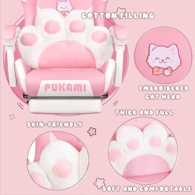 PUKAMI Pink Gaming Chair Cute with Cat Ears and Cat Paw Lumbar Cushion, Ergonomic Computer Chair for Girl with Footrest and Headrest, Comfortable Reclining PC Game Chair for Adult, Teen, Pink - Image 4