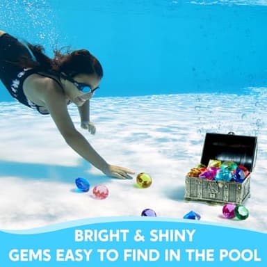 Sloosh Diving Gems Pool Toys, 16 Big Colorful Diamond with Pirate Treasure Chest,Swim Dive Toy for Kids Underwater Gemstone Swimming Training Gift Water Pool Games(Gold) - Image 3