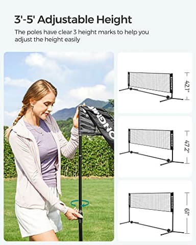 SONGMICS 10 ft Badminton Net, Height Adjustable Volleyball Net, Pickleball Net with Poles, Foldable Nylon Net for Tennis Indoor Outdoor Court, Black USYQ300HV1 - Image 3